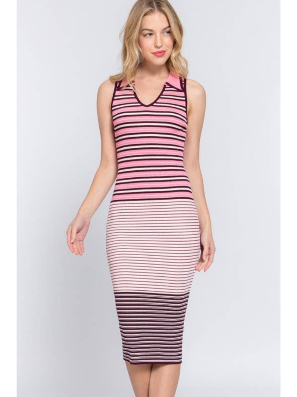 Sleeveless V-Neck Multi Stripe Midi Sweater Dress